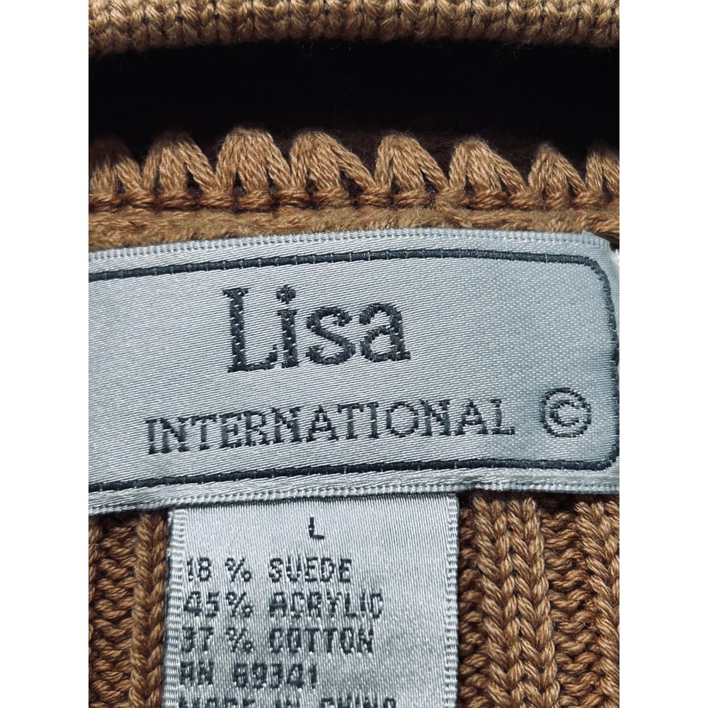 Vintage Lisa Suede Knit Zip Up Cardigan Tan Brown Western Boho Y2K Jacket Large - Picture 10 of 12